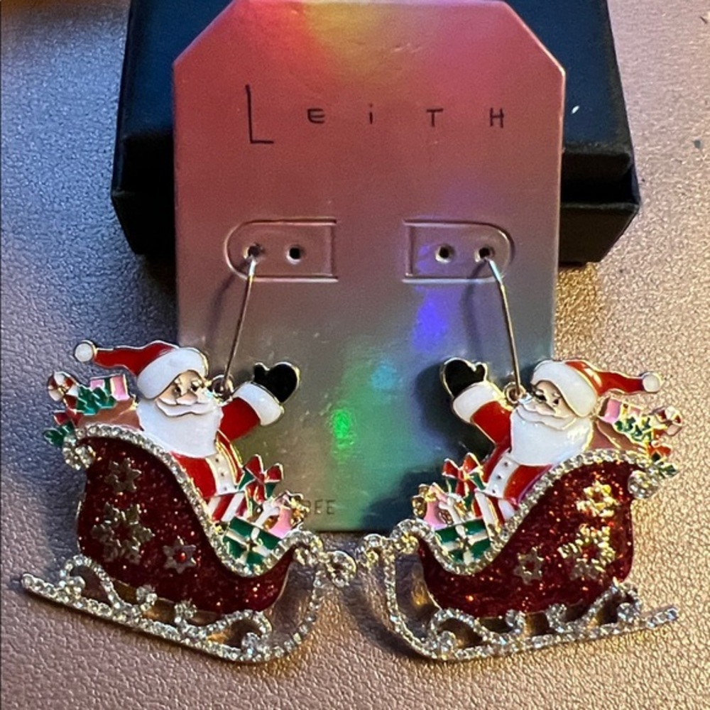 Leith Red and Gold Jolly Old Santa Sleigh Enamel Statement Drop Earrings::NWT::